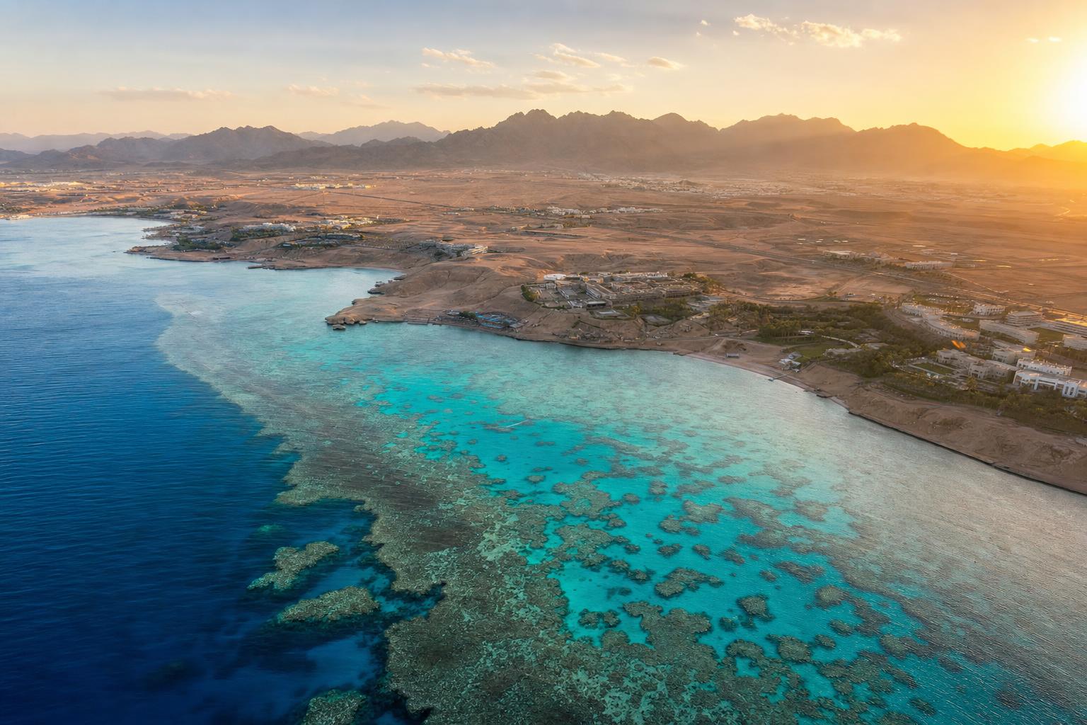 Aerial view of the Egyptian Red Sea coastline at golden hour